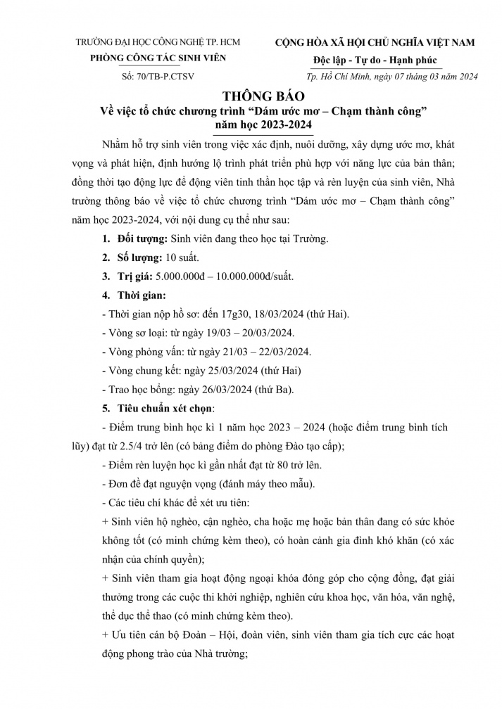 70/TB-CTSV về việc tổ chức chương trình "Dám ước mơ - Chạm thành công" năm học 2023-2024 2
