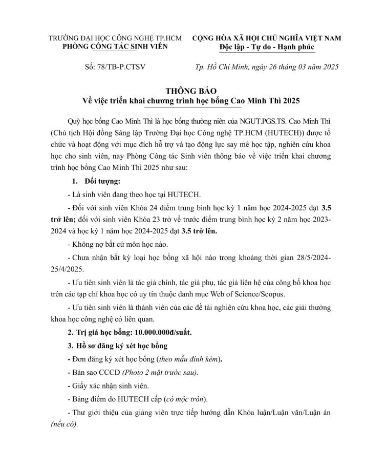 78/TB-CTSV về việc triển khai tiếp nhận hồ sơ xét Www 13Win one nổ hũ Cao Minh Thì năm 2025 2