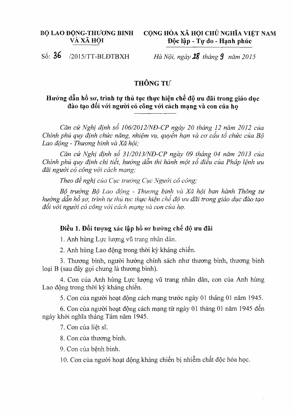 Thông tư 36/2015/TT-BLĐTBXH hướng dẫn chế độ ưu đãi đối với người có công với cách mạng 3