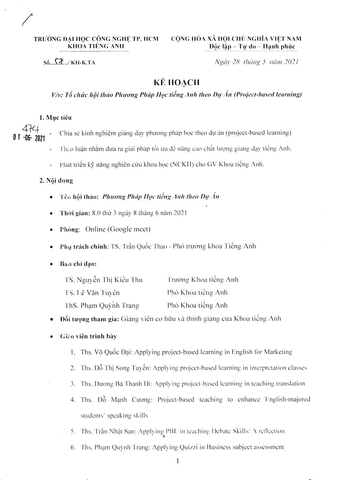 Thông báo tổ chức hội thảo PP học Tiếng Anh theo dự án (Project-based Learning) 2