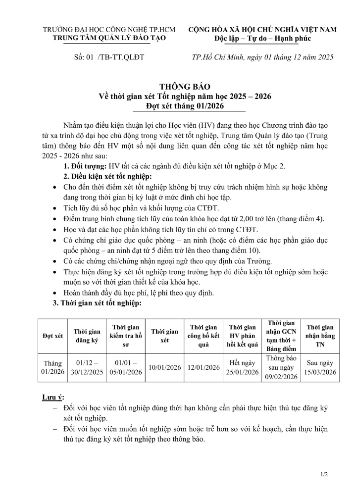 THÔNG BÁO XÉT TỐT NGHIỆP - ĐỢT THÁNG 01/2026 - CHƯƠNG TRÌNH ĐÀO TẠO TỪ XA 6