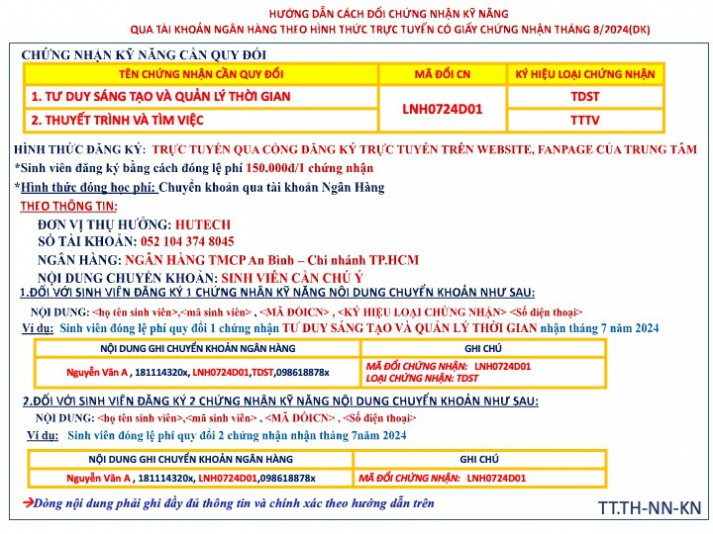 Thông báo đăng ký nhận quy đổi chứng nhận kỹ năng Thuyết trình và Tìm việc; Tư duy sáng tạo và Quản lý thời gian nhận trong tháng 8/2024 3