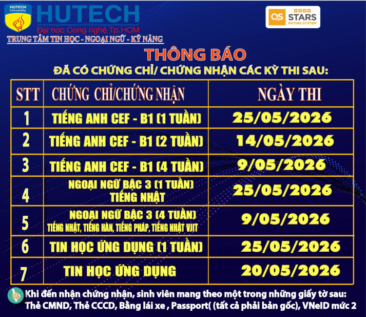 Thông báo đã có chứng chỉ/chứng nhận các kỳ thi cập nhật 9/06/2026 2