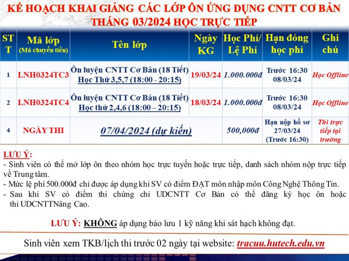 Thông báo Kế hoạch chiêu sinh các lớp Tin học chuẩn đầu ra khai giảng tháng 3.2024 đợt 1,2 học tại Thu Duc Campus, Sai Gon Campus(gồm các lớp học ban ngày và buổi tối, Online) 3