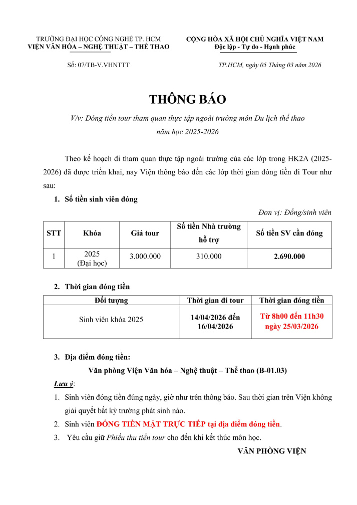 Thông báo về việc đóng tiền tour tham quan thực tập ngoài trường môn 13Win002 Truy cập link thể thao HK2A năm học 2025-2026 2