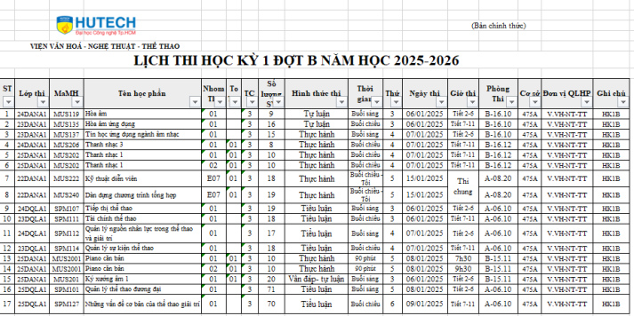 Thông báo Lịch thi Học kỳ 1B năm học 2025-2026 những học phần Viện tổ chức 2